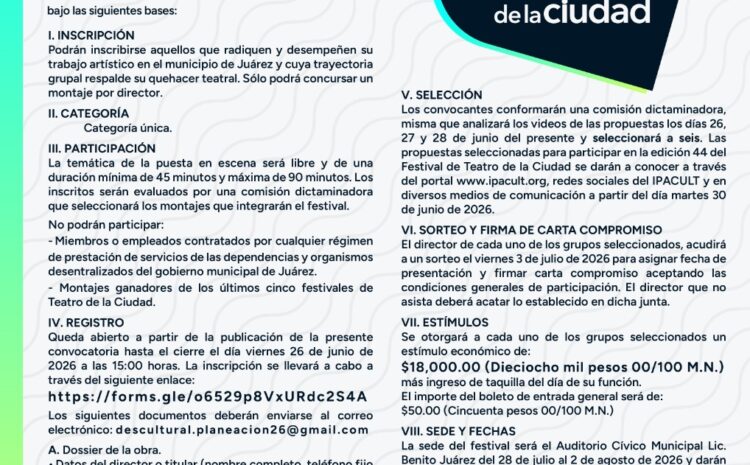  Continúa abierta la convocatoria para participar en el 44 Festival de Teatro de la Ciudad