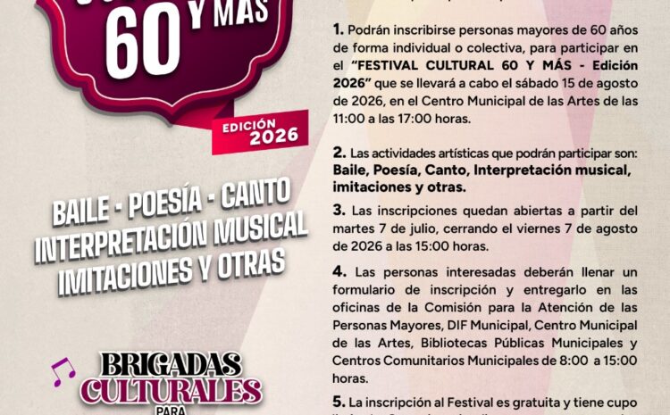  Invitan a participar en el Festival Cultural 60 y Más para Personas Mayores